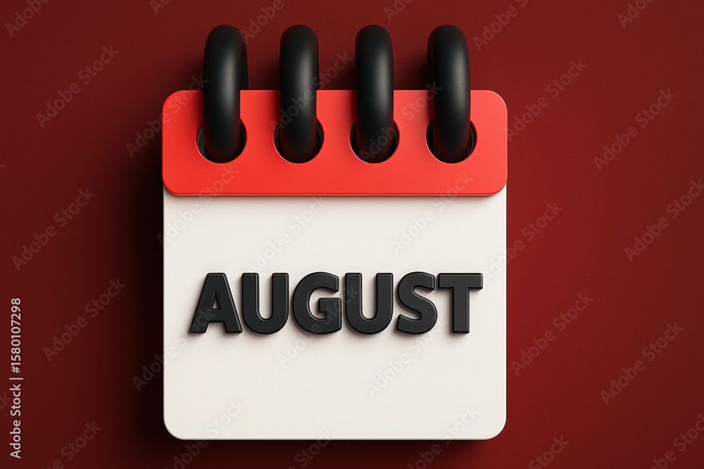 Fototapete august month calendar page with red binding rings on a dark red background for planning and scheduli