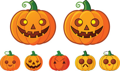 Collection of Cartoon Halloween Pumpkins with various expressions and unique designs