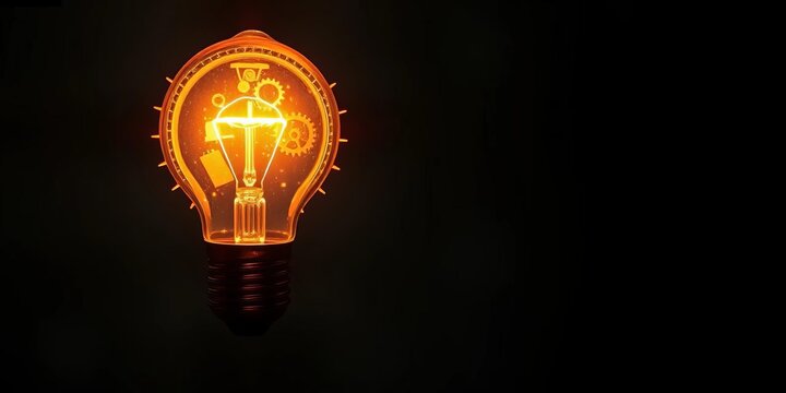 Glowing light bulb with gears and cogs, sparking innovative ideas, different, abstract