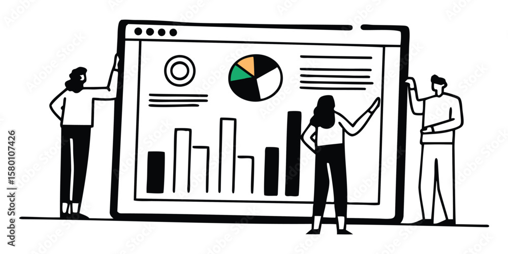 Poster people analyzing data on a screen with pie chart and bar graph in black and white illustration style