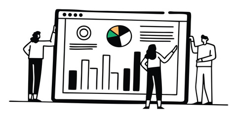 People analyzing data on a screen with pie chart and bar graph in black and white illustration style