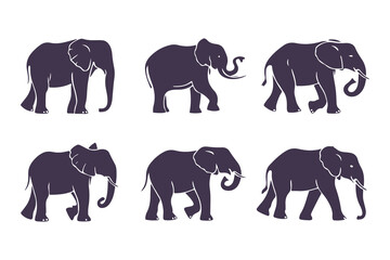 Set of Elephant Silhouettes Vector Illustration. Collection of Walking Safari Animals. Wildlife Mammal Icons Isolated on White Background.