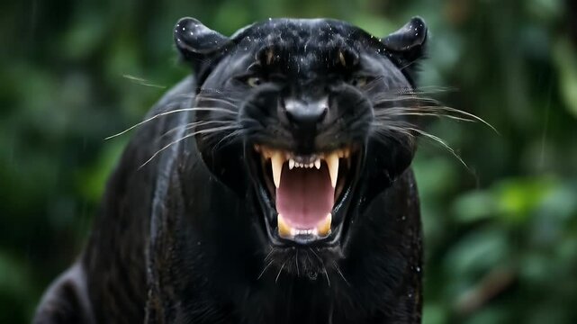 Roaring Black Panther Displaying Sharp Teeth in Rainforest Close Up