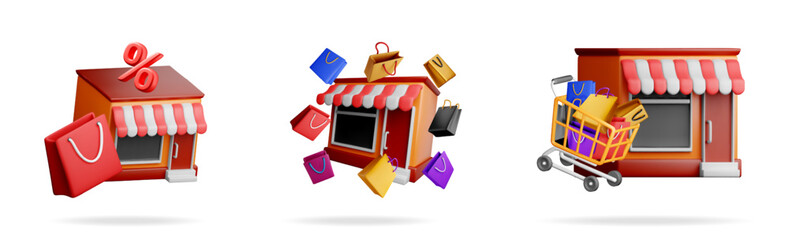 Three 3d stock illustrations of small shops online. Store icon percent symbol bag. Cartoon minimal retail building.