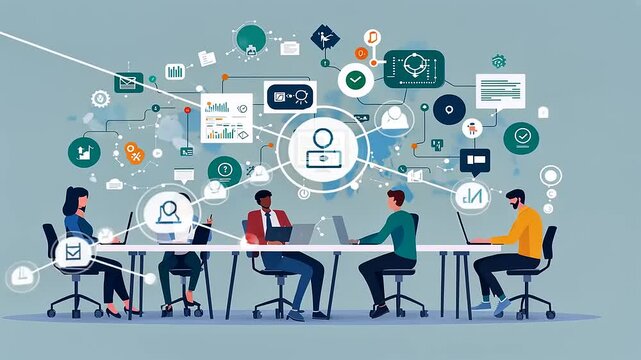 Collaborative team working on digital projects with data visuals and technology in a modern office