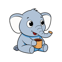 Cute cartoon baby elephant holding a cup. Adorable sitting animal character mascot. Vector illustration isolated on white for kids' design.