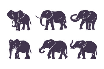 Set of Elephant Silhouettes Vector Illustration. Collection of Walking Safari Animals. Wildlife Mammal Icons Isolated on White Background.