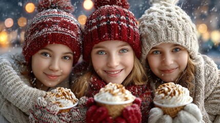 A family in cozy sweaters making snow ice cream (fresh snow mixed with vanilla and syrup) in their backyard