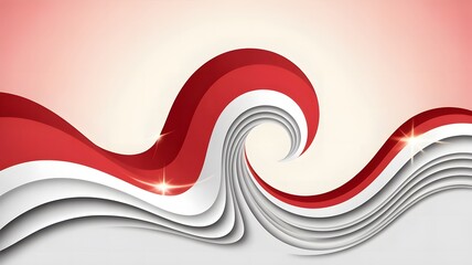 An abstract digital artwork depicting a dynamic wave pattern representing the Indonesian flag. The wave is rendered with smooth gradients transitioning from vibrant red to crisp white, showcasing flow