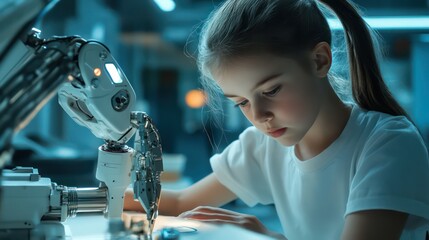 Girl intently studies robotic arm, futuristic learning environment, soft lighting
