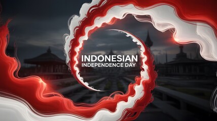 A dramatic, modern graphic design background for Indonesian Independence Day. The central focus is a swirling vortex of vibrant red and white smoke, dynamically blending together with a dark, almost b