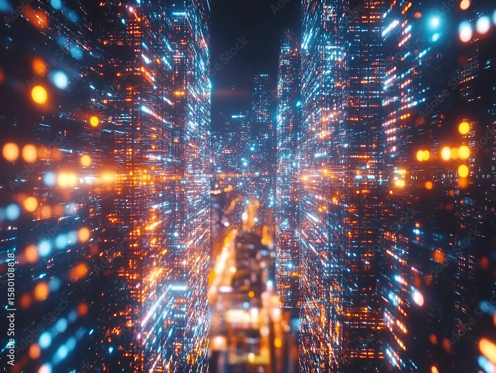 Poster abstract view of a futuristic city at night, featuring glowing buildings and blurred lights creating