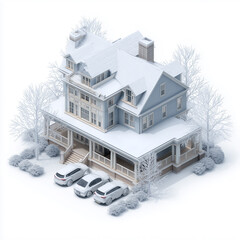 Winter Mansion with Snowy Landscape and Cars