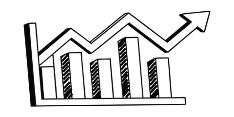 Hand drawn bar graph with upward trending arrow showing business growth and success concept illustration