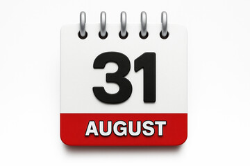 Calendar Page Displaying August 31st in Bold Black and Red Colors with Silver Rings on a Clean White Background