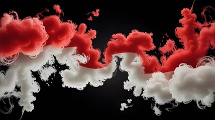 A dramatic, modern digital art background showcasing a swirling blend of red and white smoke against a deep black background. The smoke dynamically forms abstract shapes resembling the Indonesian flag