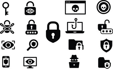 Black Security Icons Set Key Lock Password Hacker skull