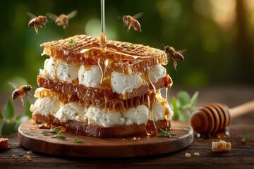 A giant golden honeycomb dripping with fresh honey