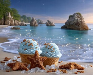 A hidden beach at twilight where the waves glow with blue matcha ice cream swirls