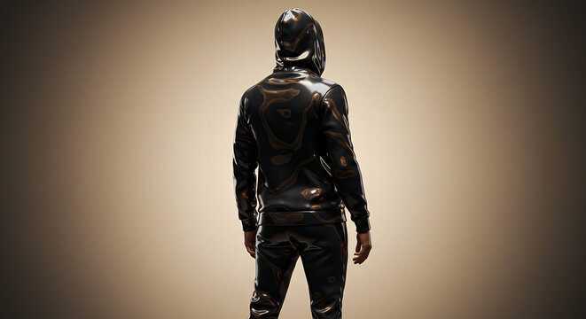 Rear view of a person wearing a dark, patterned hoodie and pants against a muted background.