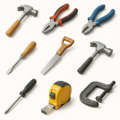 Hand Tools Icon Set 3D with Wrench, Pliers, Saw, Hammer and Measuring Tape