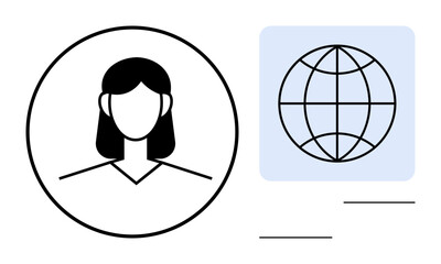 Female avatar in circle beside grid-marked globe. Ideal for identity, networking, communication, online access, social media, user interface, global outreach. Simple flat metaphor