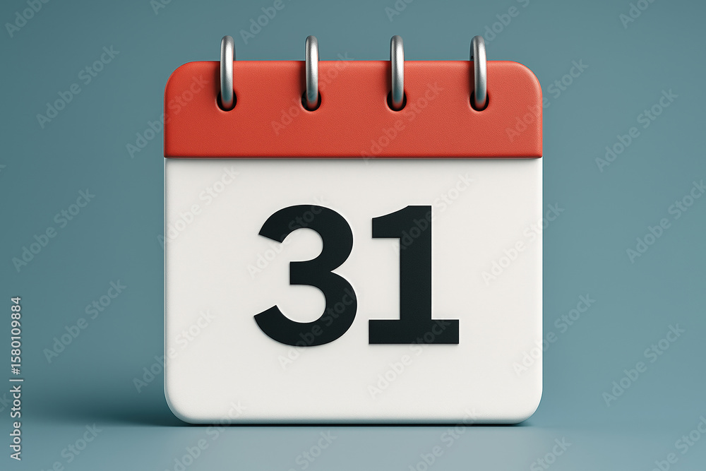 Poster close-up 3d rendering of a calendar page with the number 31 on a light blue background in a studio e