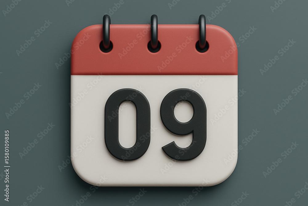 Poster close-up 3d rendering of a calendar page with the number 09 on a gray background in a studio environ