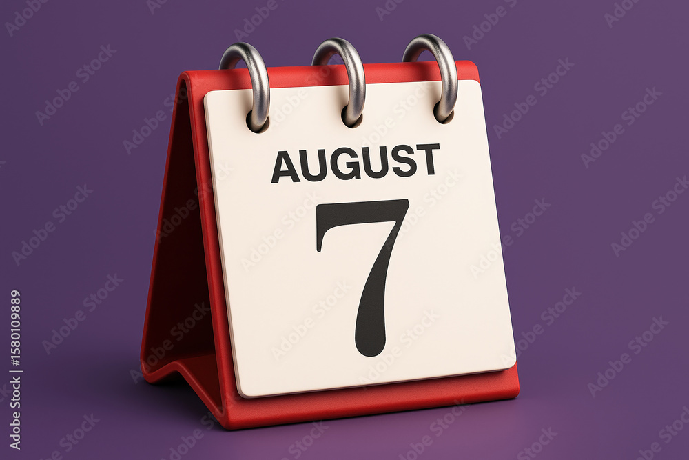 Poster close-up of a red desk calendar showing august 7th on a purple background, perfect for reminders and