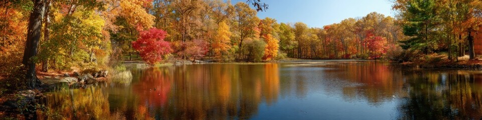 Obraz premium Fall In New Jersey. Panorama of Colorful Fall Foliage Around Duck Pond