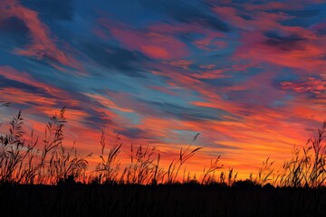Fall Cornfield in Indiana Sundown. Stunning Landscape with Red and Orange Sky