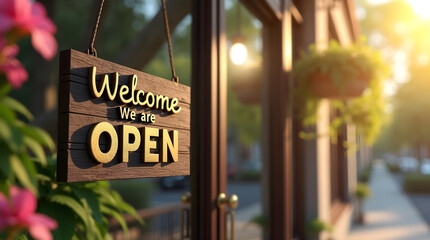 Inviting shop entrance with a cheerful welcome sign, hanging from a window frame, in golden light