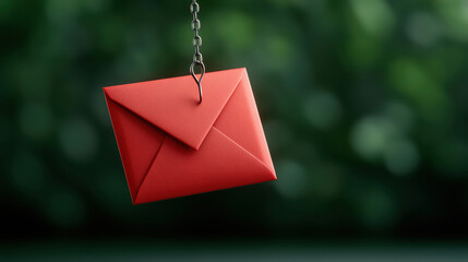 Phishing email concept with red envelope warning A red envelope hanging by a chain symbolizes a phishing email or suspicious message, highlighting online security risks and cyber threats