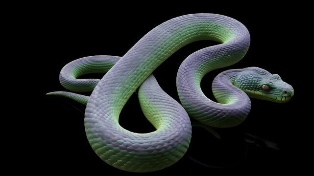 Textured Light Green Snake Curled Gracefully against Black Backdrop Subtle Movements Smooth Animation Reptilian Scales Intricate Details Highlighted