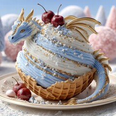 A magical ice cream dragon made of swirls of frozen dessert