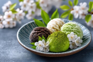 A minimalist Japanese dessert table with pastel-colored mochi ice cream