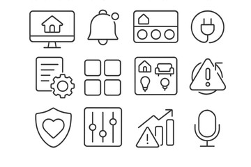 Smart home icon set with notification, energy, security, and control symbols