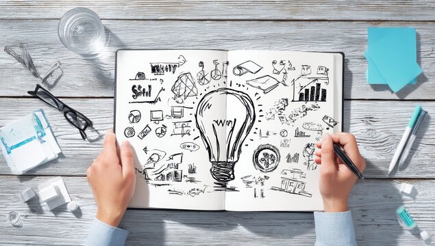 Open notebook, business ideas, sketch, lightbulb
