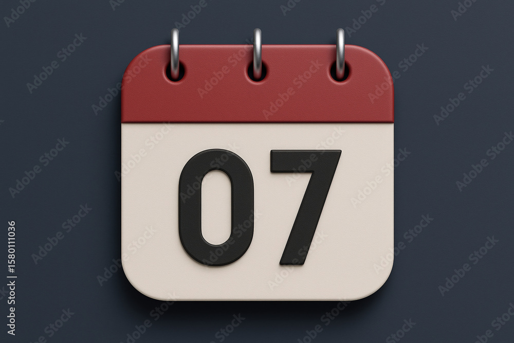 Poster detailed 3d render of a calendar page displaying the number 07 against a dark blue background in a s