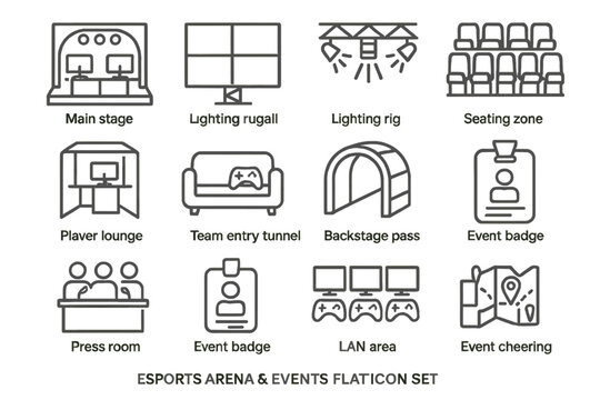 Esports arena flat icon set: stages, badges, events, zones, areas