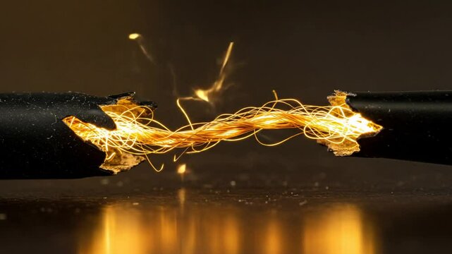 Sparks flying from broken electrical wires in darkness