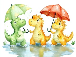 Naklejka premium Three cute cartoon dinosaurs under umbrellas in a puddle watercolor illustration