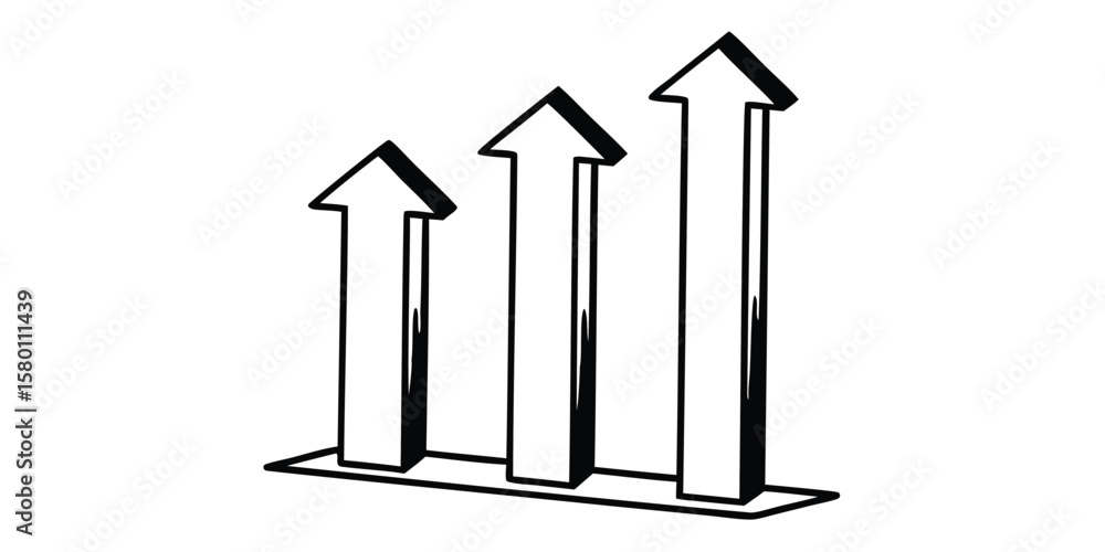 Poster three upward pointing arrows of increasing height in a simple black and white line drawing style