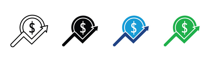 Dollar rate increase vector icon set. Rise cost vector illustration. Business money cash increase signs set .
