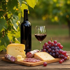 Red wine cheese charcuterie and grapes on a wooden table outdoors