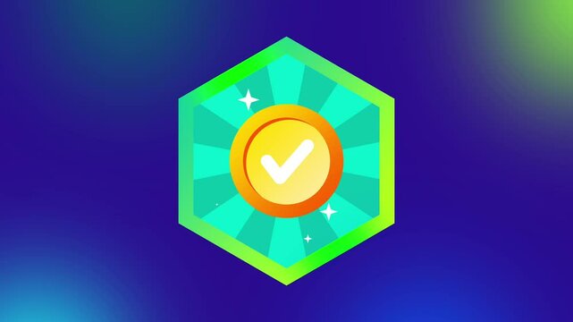 A check mark inside a vibrant hexagonal badge highlights confirmation, completion, and verified success in vivid, secure color tones