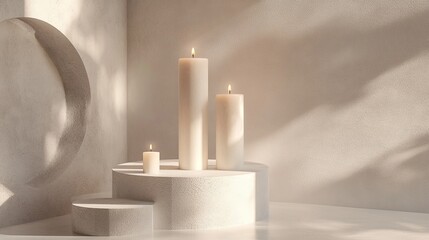 Modern geometric party decorations with candles in a muted space .