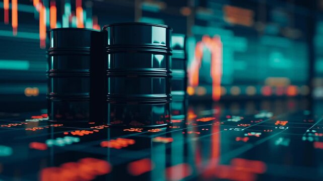 Two barrels of oil are on a table next to a graph of stock prices. Concept of financial uncertainty and volatility