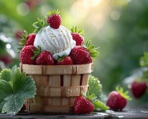 A rustic wooden basket in a sun-dappled berry field
