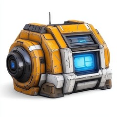 Isolated Cube Shaped Yellow Device with Camera Lens and Glowing Screen on White